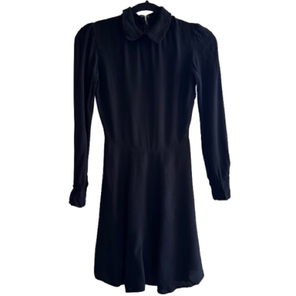Reformation Black Long Sleeve Peter Pan Collar Mini Dress Minimal Rayon Viscose